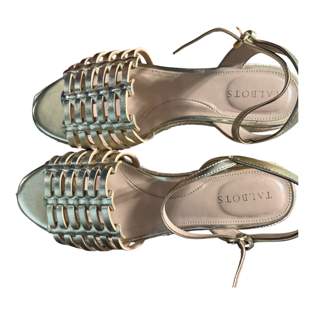Talbots Metallic Gold Leather Woven Espadrille Wedge Sandals Womens 7M